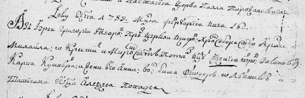 Înregistrare metrică din 1783: Karpo Kushnir și soția sa Anna